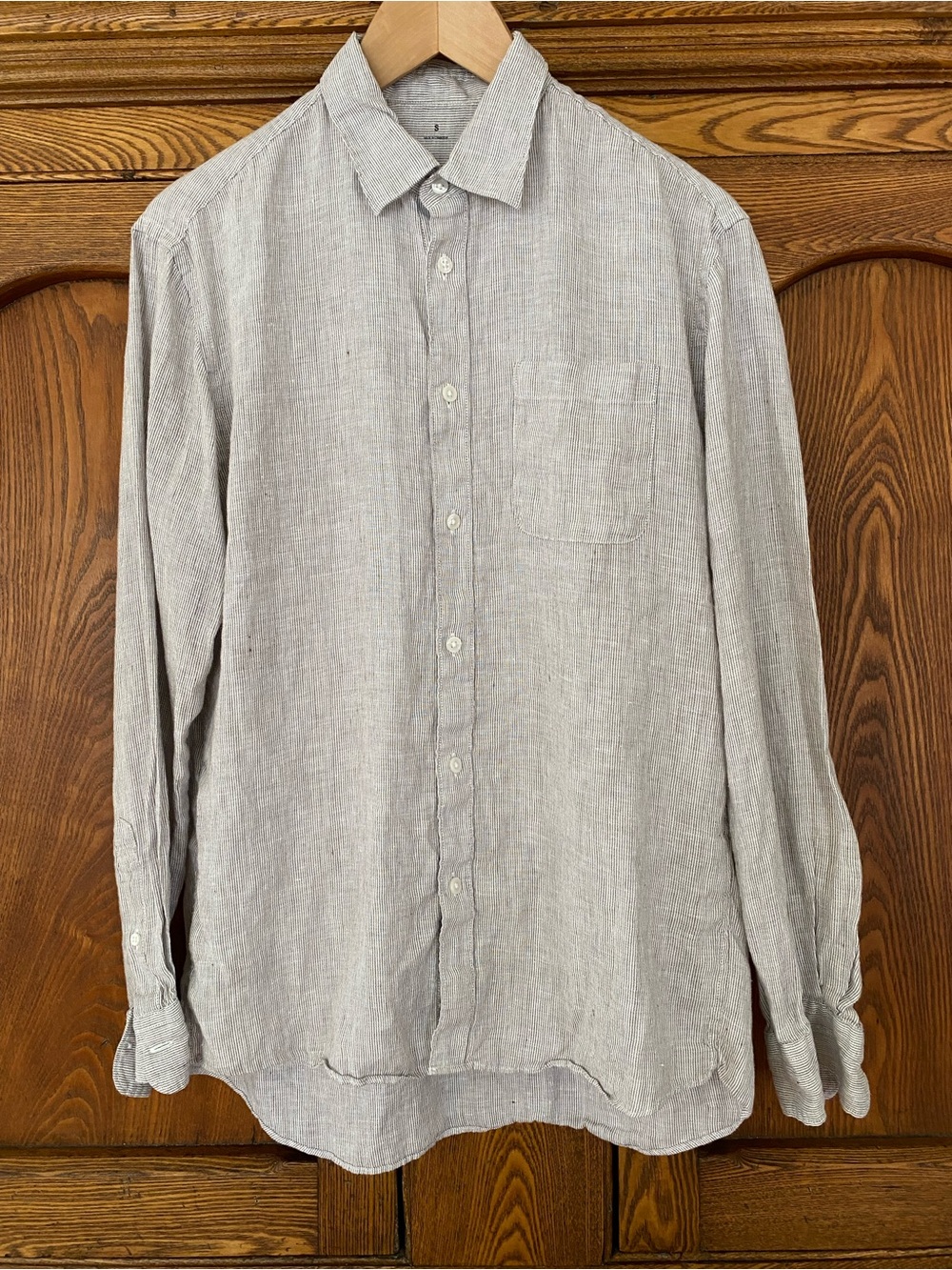 MUJI hemp shirt S brown & white tiny stripe button down collar men’s dress